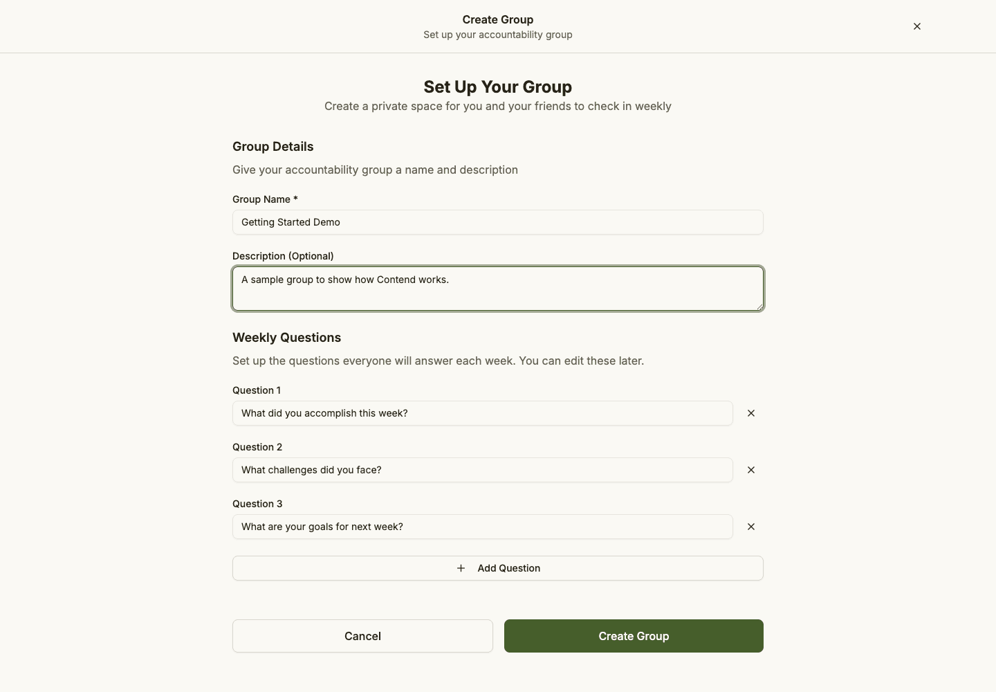 The create-group form where you name your accountability group and set its weekly questions