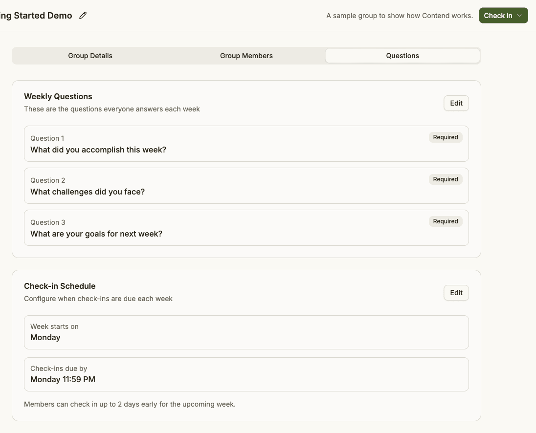A group's weekly check-in questions and schedule, which the admin can edit