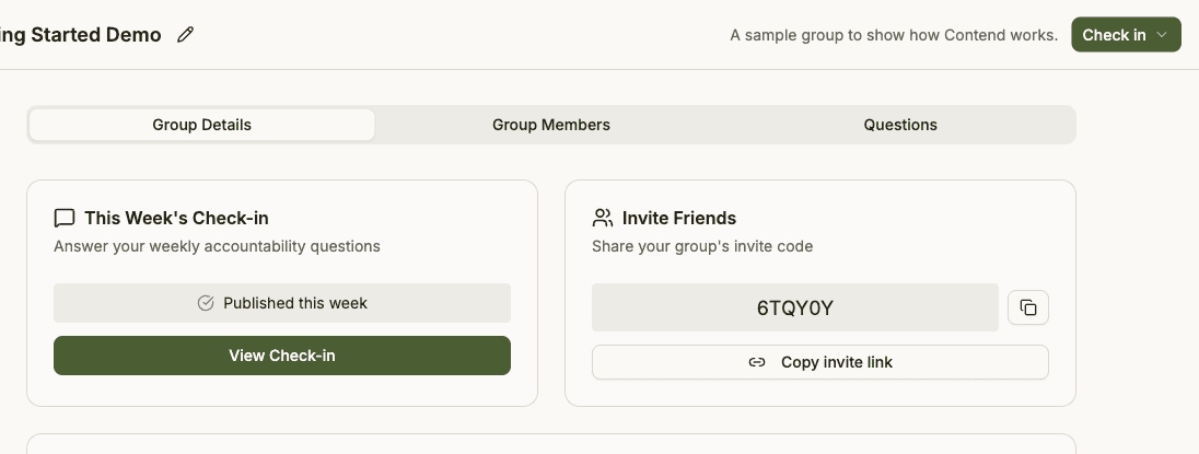 The group screen showing a shareable invite code and Copy invite link button