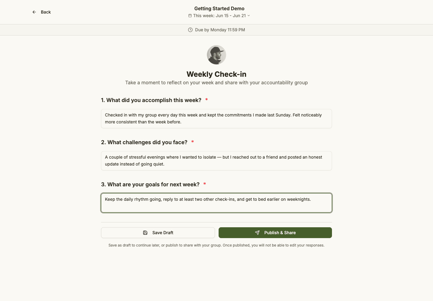 The weekly check-in screen with answered questions and Save Draft and Publish buttons